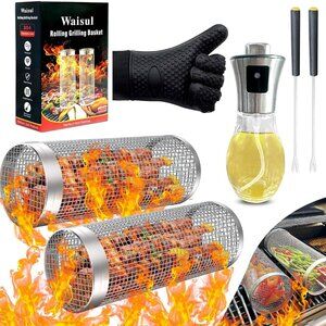 High-Quality 2 Lg Rolling Stainless Steel Grilling Baskets with Tool & Hot glove